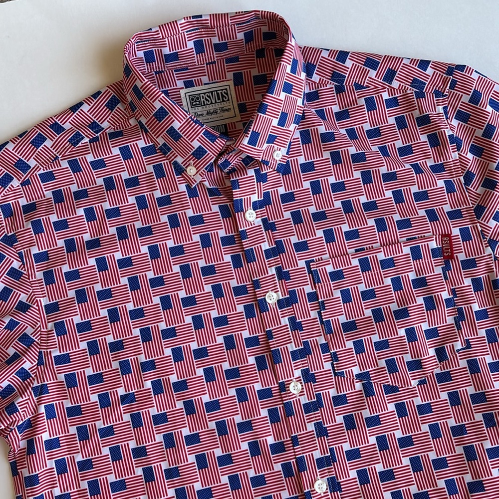RSVLTS Roosevelts USA American Flag Button Shirt Lightweight Kunuflex Men Medium